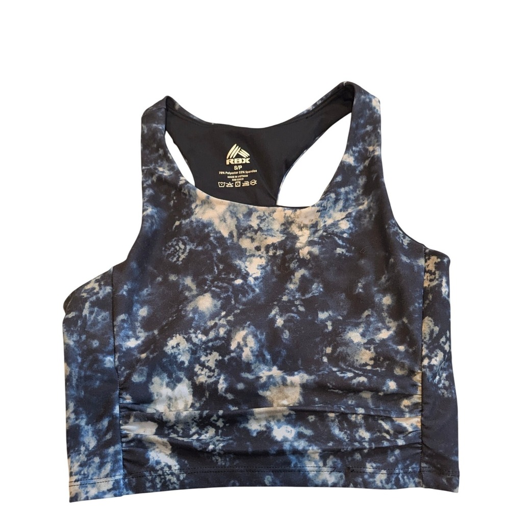 RBX Sports Bra Small Blue White Marble Print Racerback Cropped Activewear‎
